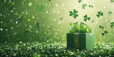 St. Patricks Day celebration backdrop featuring clover leaves, confetti, a gift box, and room for text. A lively green themed greeting card with high quality visuals.