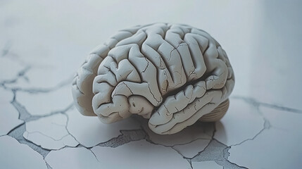 Aging human brain model with subtle cracks and fading colors, symbolizing cognitive decline and mental health. Concept of aging, neuroscience, and mental wellness.