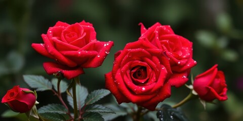 Obraz premium Macro photography of beautiful red roses covered in fresh water droplets, vivid and detailed