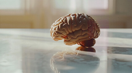 Aging human brain model with subtle cracks and fading colors, symbolizing cognitive decline and mental health. Concept of aging, neuroscience, and mental wellness.