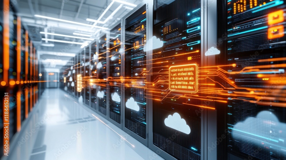 Poster futuristic data center with rows of servers and digital interfaces