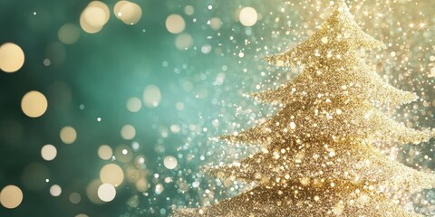 Fototapeta premium A shimmering gold Christmas tree set against a soft, out of focus green backdrop creates a festive and joyful atmosphere, enhancing the holiday spirit.