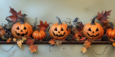 A seasonal Halloween border featuring pumpkins, colorful autumn leaves, and dried sorghum creates a festive atmosphere for the fall season.