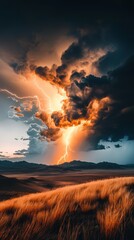 Breathtaking Storm Landscape with Dramatic Clouds and Lightning Over Serene Countryside