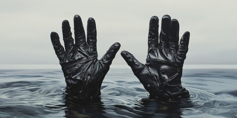 A pair of gloved hands is rising up from the surface of the water, set against a backdrop that adds depth and context to the scene.