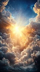 Obraz premium Glorious Heavenly Rays Piercing Through Dramatic Cloudy Sky Landscape