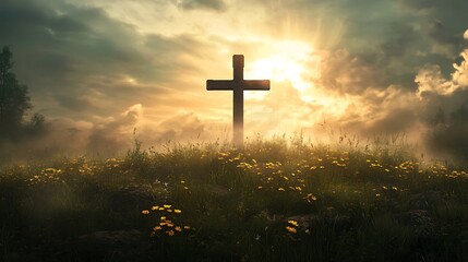 Sunrise Cross: Serene Field, Golden Hour Glow
