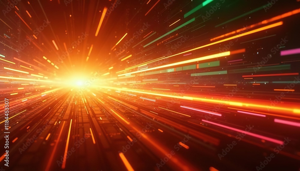 Poster Futuristic light beams and glowing trails in motion creating a tunnel effect with speed lines