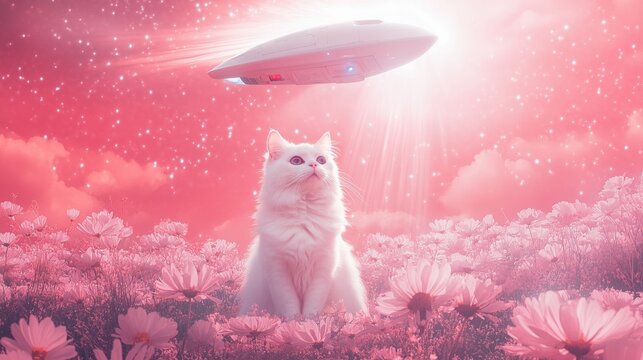 Curious cat sits in a field of flowers observing UFO flying over it
