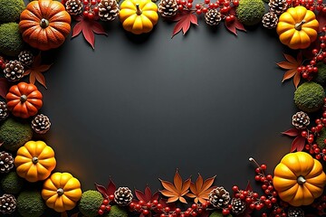 Fototapeta premium Autumn Background with Decorative Pumpkins, Maple Leaves, and Berries Perfect for Fall and Halloween Themes
