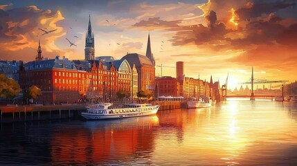 Naklejka premium Stunning oil painting depicting the breathtaking sunset over Hamburg City.