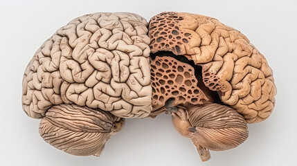 Aging human brain model with subtle cracks and fading colors, symbolizing cognitive decline and mental health. Concept of aging, neuroscience, and mental wellness.
