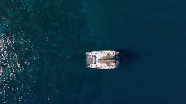 Aerial view of maiden castle and sailboat in the turquoise mediterranean sea, Kizkalesi, Turkey.