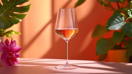 Elegant wine glass with rosé positioned among vibrant plants in bright light
