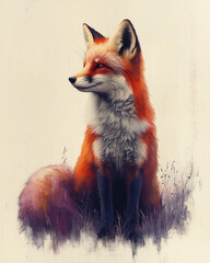 Obraz premium Enchanting fox with a gradient of fuchsia to lavender in its bushy tail, isolated on a muted cream surface,