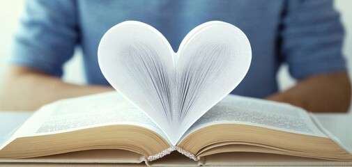 A close-up view of a person holding a book with pages shaped like a heart, symbolizing love for reading and the joy of literature. February valentine day