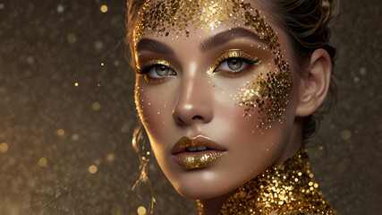  This makeup creation is a dazzling art masterpiece. It seamlessly blends shimmering gold tones to create a breathtakingly beautiful image. Each particle of glitter reflects the light.
