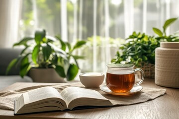 Serene indoor space featuring tea, a book, and green plants in natural light