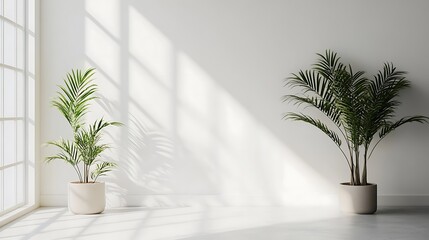 Fototapeta premium Serene Minimalist Room: Sunlight Dappled Plants in Modern Pots