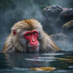 Obraz premium A Japanese macaque soaking in a colorful hot spring with misty surroundings.