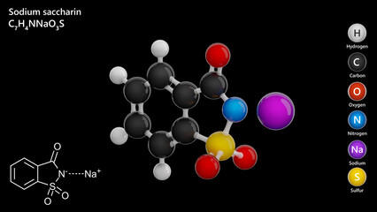 Molecule: Sodium Saccharin. E954 food additive. Molecular structure. Formula: C7H4NNaO3S. Chemical model: Ball and stick. Black background. 3D illustration.
