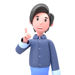 3D illustration of man with pointing finger. Portrait of cartoon smiling elegant businessman in blue suit with  with pointing finger, isolated on white background.