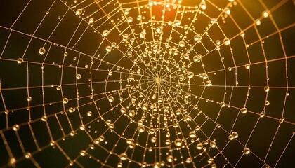 Fototapeta premium Golden Dew-Kissed Spiderweb: A Captivating Macro Photograph