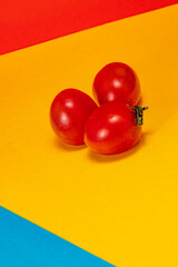 Vibrant red tomatoes arranged playfully on colorful backgrounds