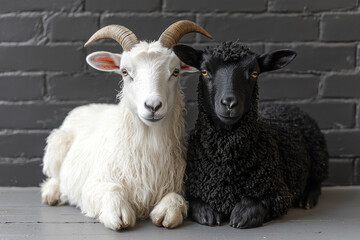 A robust white goat kneeling slightly in front of a slim black sheep, both captured on a neutral gray surface,