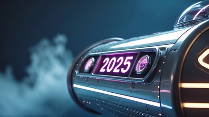 A futuristic time machine display showing the year 2025 with neon lights and smoke effects.