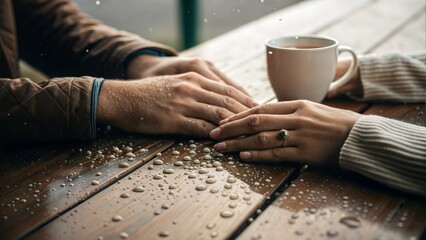 Fototapeta na wymiar Intimate Macro Shot of Couple's Hands On Wooden Table With Water Droplets