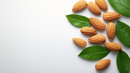 Almonds and leaves arranged on a light background showcasing natural nourishment