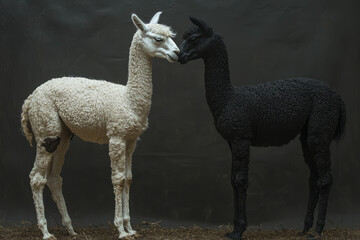 Fototapeta premium A tall white llama dipping its head humbly to a smooth black alpaca on a monochrome gray background,