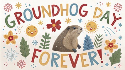 Naklejka premium Groundhog Day Festive Collage Stock Image text card