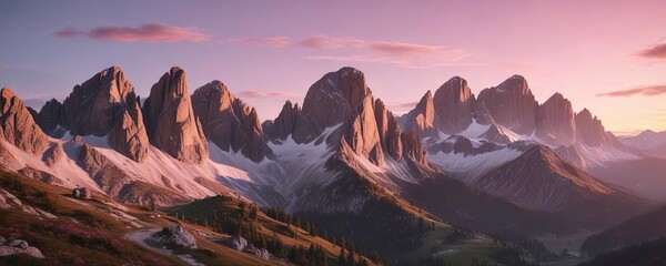 Picturesque Dolomitic mountains at sunset with pink sky, alps, mountains, pink