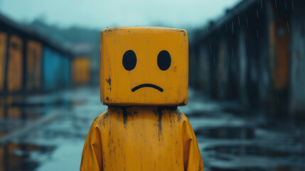 head in a cardboard box with a sad emoticon drawn on it