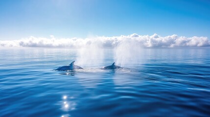 Fototapeta premium Two whales spouting water in a tranquil ocean under a clear blue sky.
