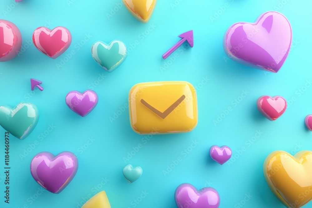 Poster colorful floating 3d chat bubbles, hearts, and arrows in a vibrant blue background creating a playfu