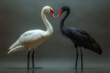 Obraz premium A pristine white swan arching its neck to meet the gaze of a slender black stork on a diffused gray plane,