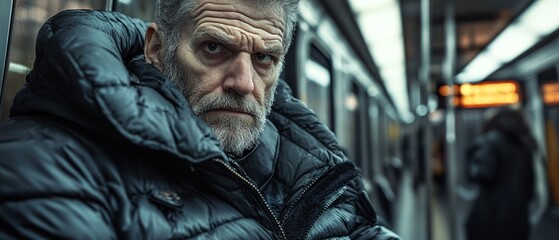 Fototapeta premium A peculiar man with an unusual expression is dressed in a ridiculous puffy jacket while riding the subway in New York.