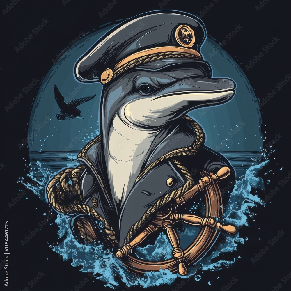 Poster dolphin dressed as a ship captain holding a ships wheel with the ocean in the background under a cal