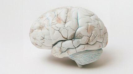 Aging human brain model with subtle cracks and fading colors, symbolizing cognitive decline and mental health. Concept of aging, neuroscience, and mental wellness.