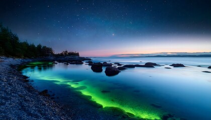 Serene Night Seascape Starry Sky Glowing Ocean Rocks