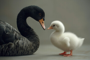 Obraz premium A tiny white chick bending down before a stately black swan, both shapes clear on a tranquil gray plane,