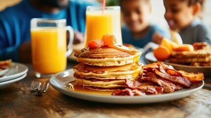 Appetizing Breakfast Feast of Pancakes Bacon and Orange Juice on Rustic Wooden Table