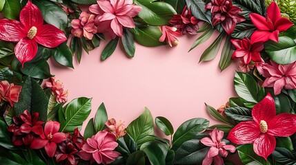 Obraz premium Vibrant floral arrangement on soft pink background showcasing diverse blooms and greenery