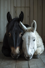 A gentle white donkey leaning forward in front of a sophisticated black horse, softly lit on a mid-tone gray floor,