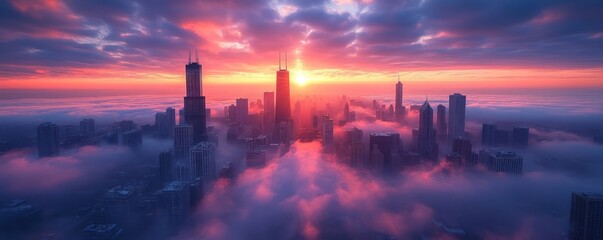 Obraz premium Cityscape sunrise with fog, skyscrapers and clouds.