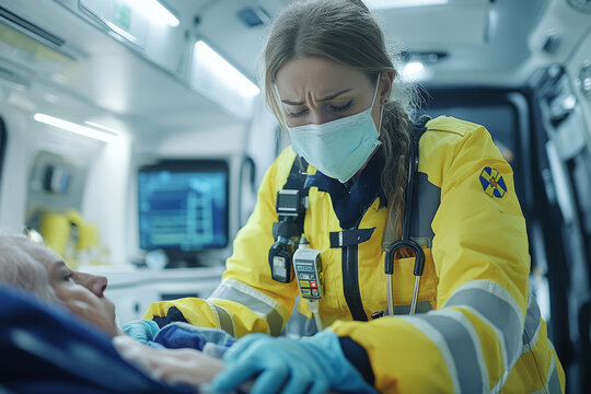 Paramedic providing emergency care inside an ambulance