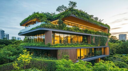 Fototapeta premium Luxurious Green Eco Friendly Modern Building Sustainable Architecture Rooftop Garden
